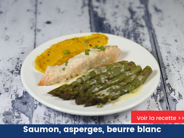 Saumon aux asperges beurre blanc et purée de carottes rôties